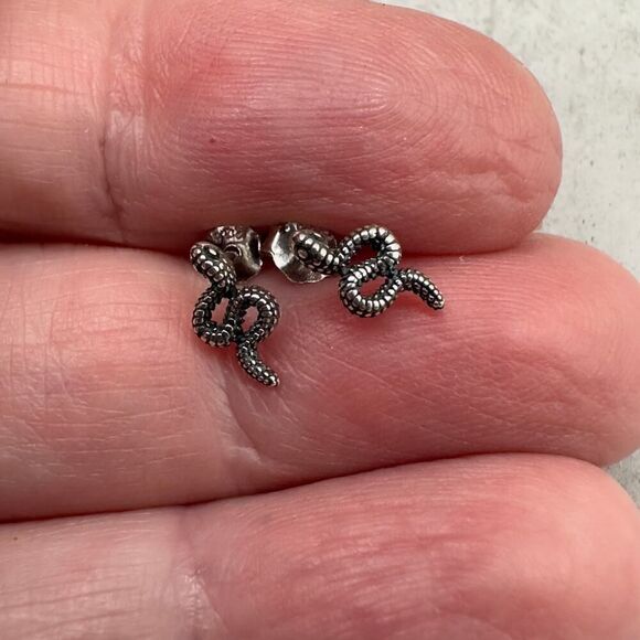 Minimalist Sterling Silver Snake Stud Earrings - Picture 4 of 6